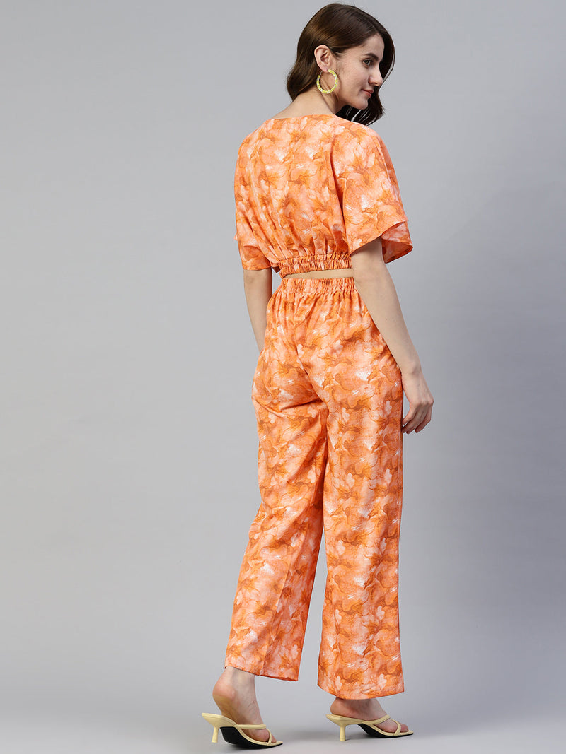 Women Orange Printed Crop Top With Palazzos ( JNCS 3006 Orange )