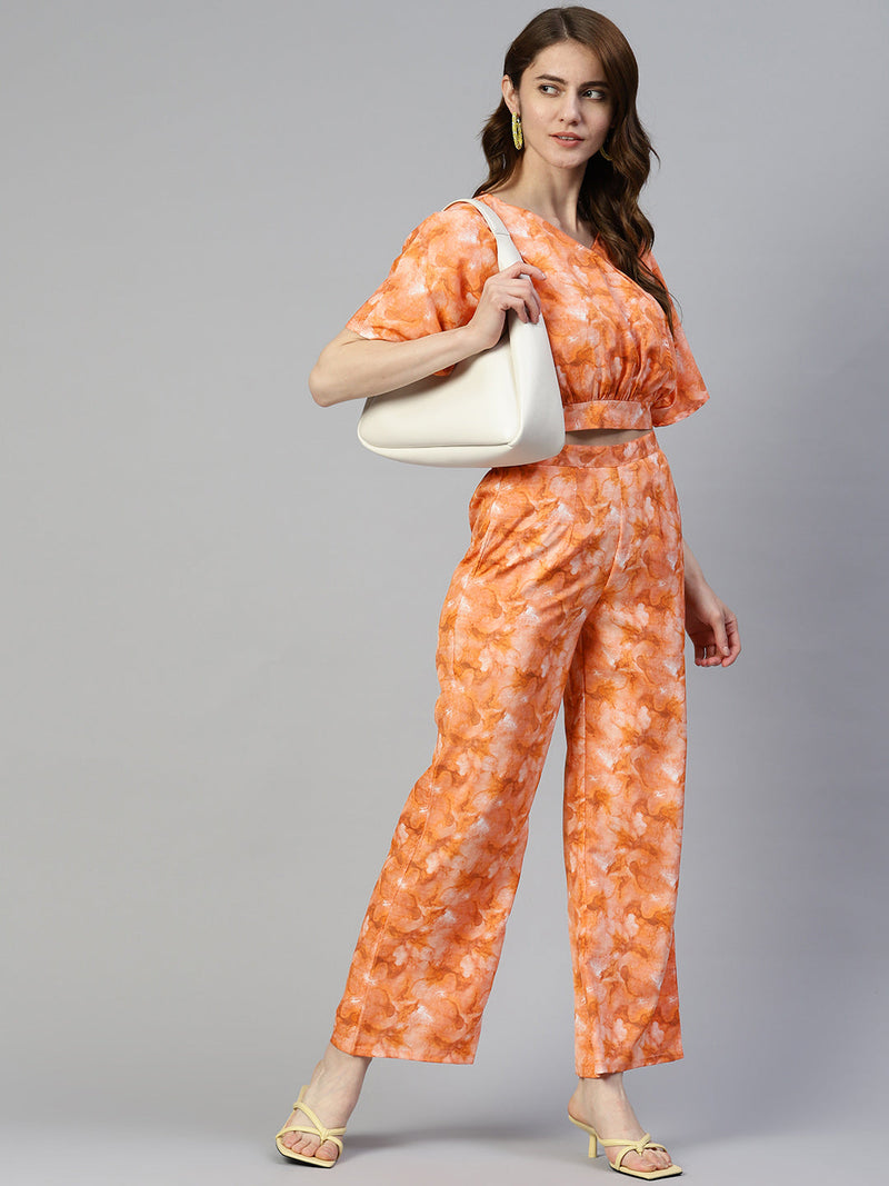 Women Orange Printed Crop Top With Palazzos ( JNCS 3006 Orange )