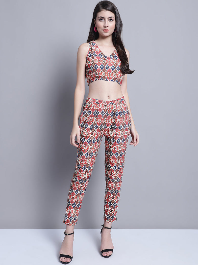 Women's Digital Printed Crop Top and Jacket Set ( JNCS 3007 Red )