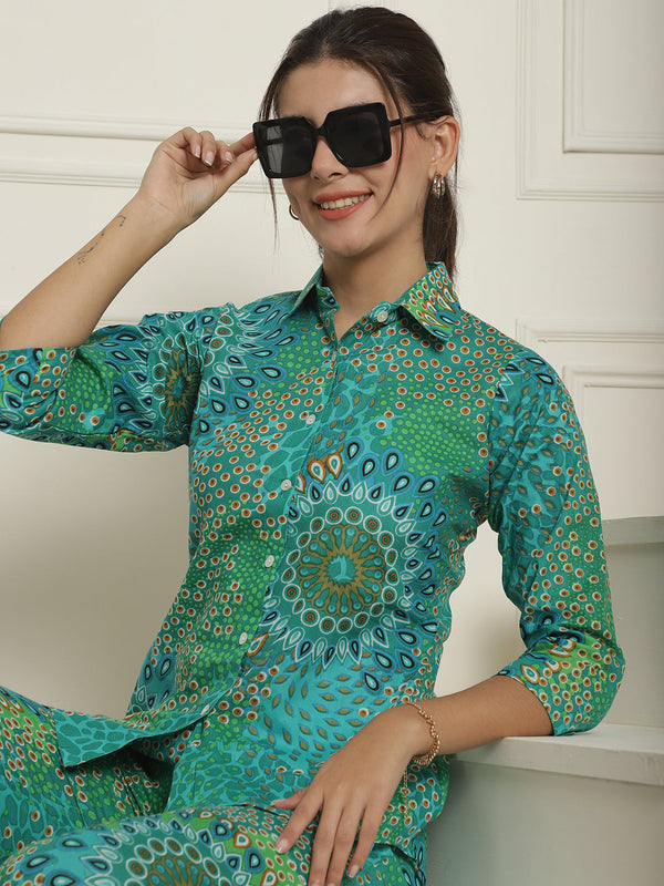 Women's Green Printed Shirt and Trouser Co-ords Set