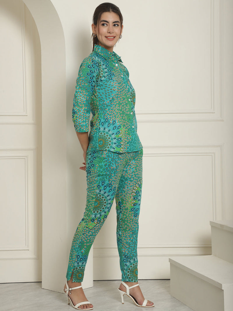 Women's Green Printed Shirt and Trouser Co-ords Set