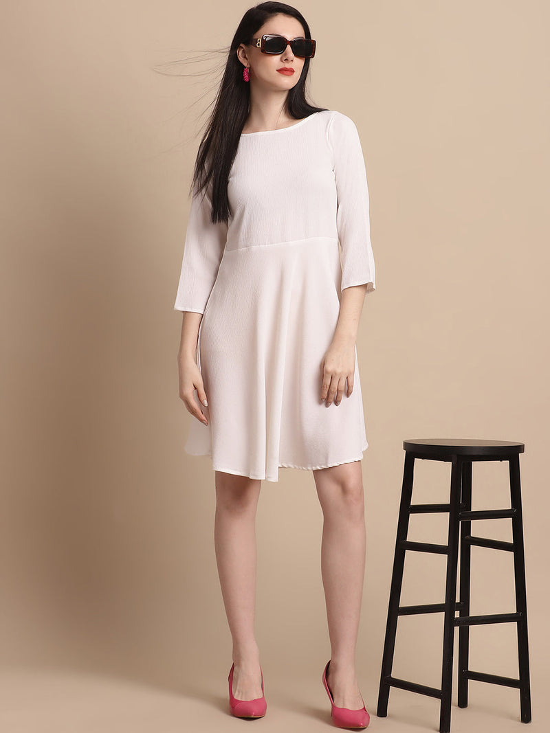 Women White Solid  A-Line Dress