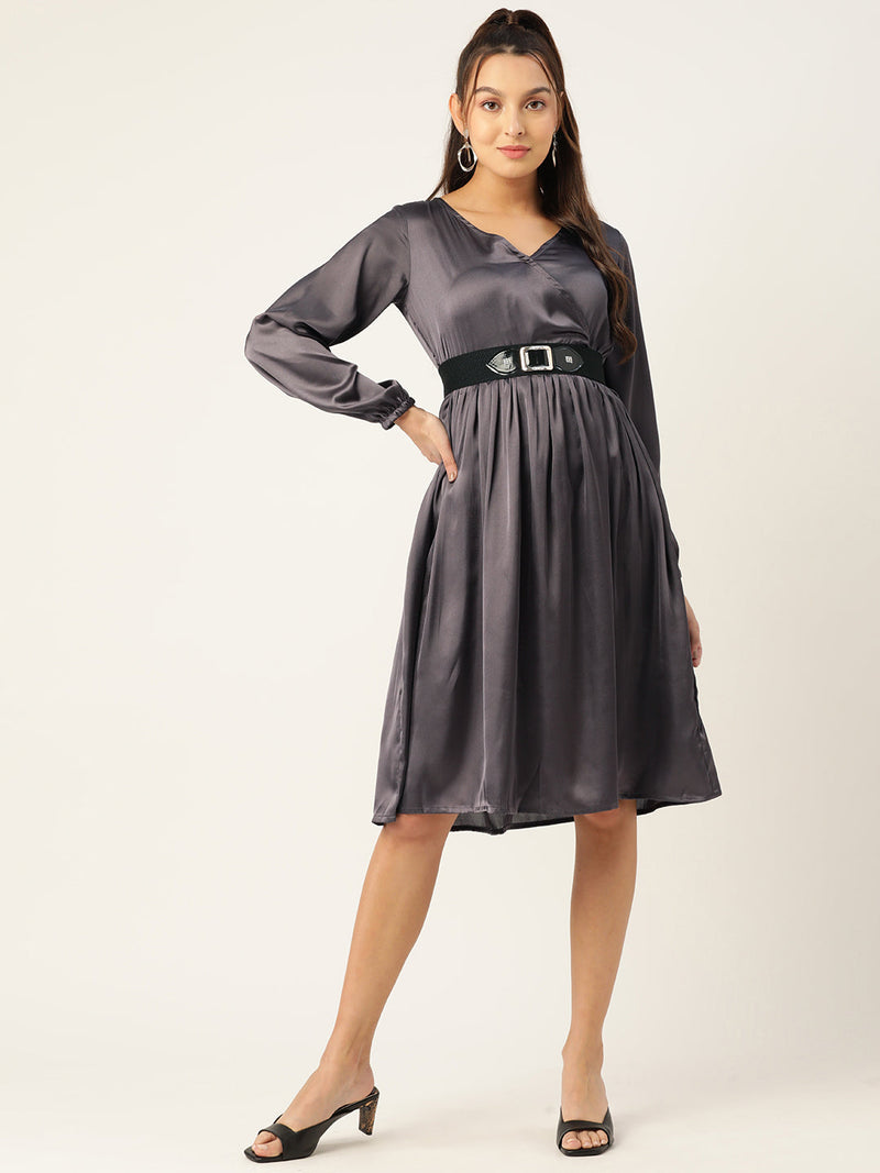 Women Puff Sleeves Satin Wrap Dress with Belt ( JND 1003Charcoal )