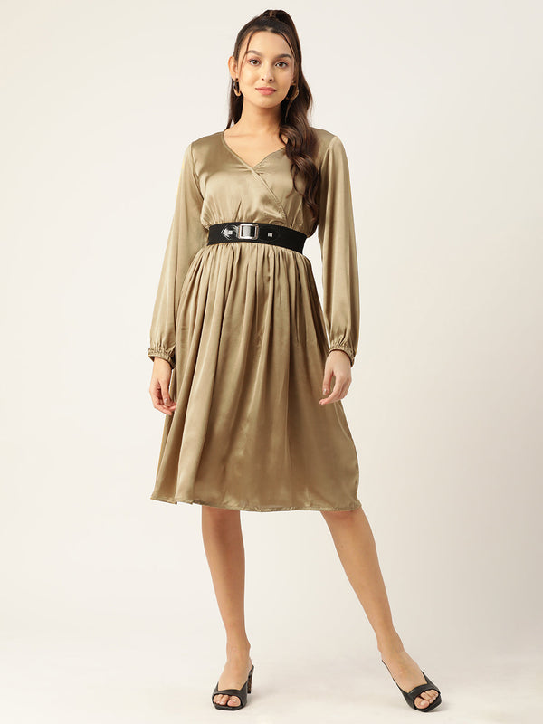 Women Puff Sleeves Satin Wrap Dress with Belt ( JND 1003Golden )