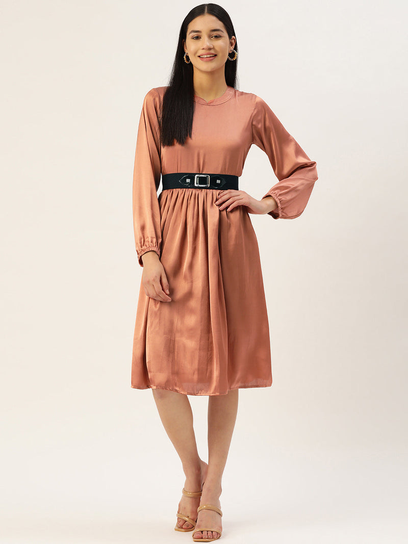 Women Peach-Coloured Satin Dress with Belt ( JND 1004Brown )