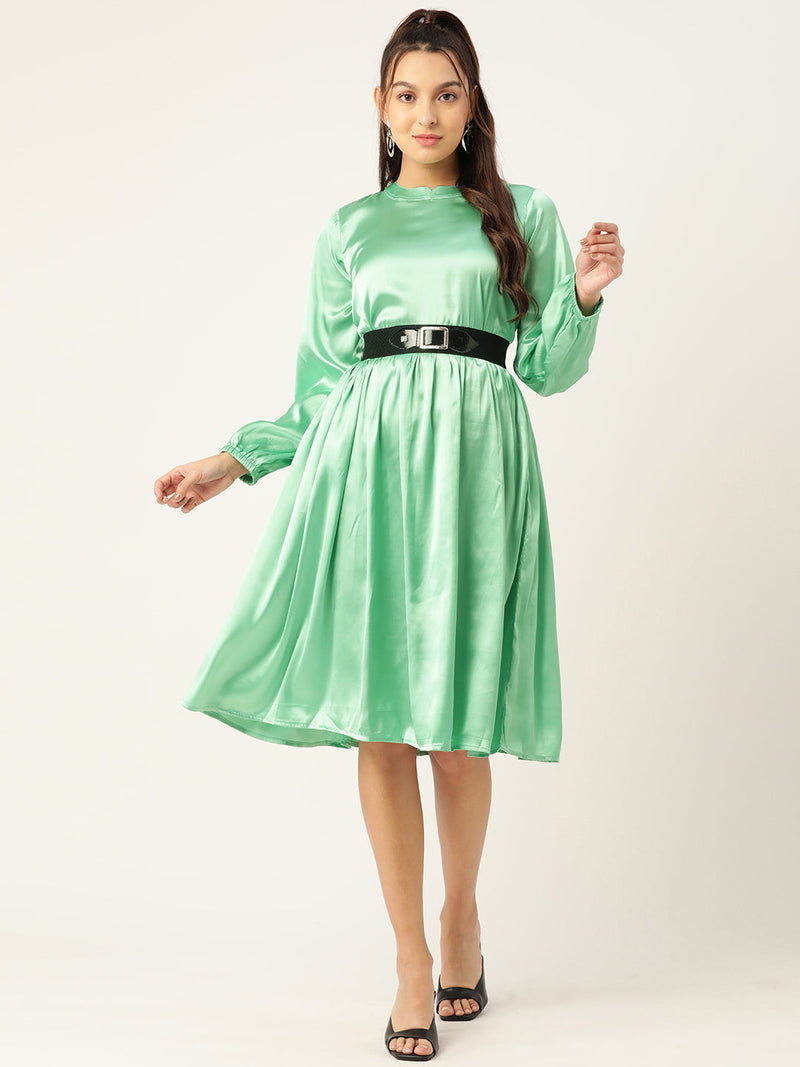 Women Green-Coloured Satin Dress with Belt ( JND 1004Green )