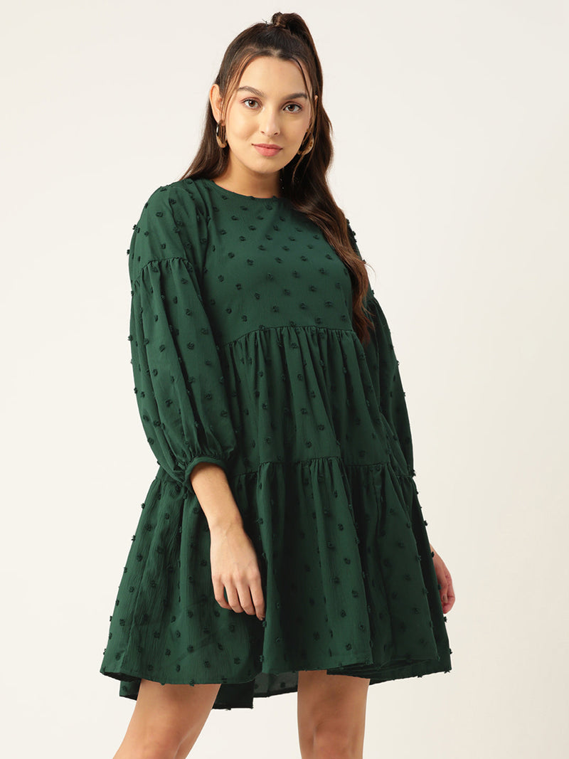 Women Georgette Puff Sleeves Tiered Dress ( JND 1005Green )