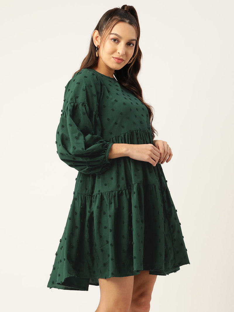 Women Georgette Puff Sleeves Tiered Dress ( JND 1005Green )