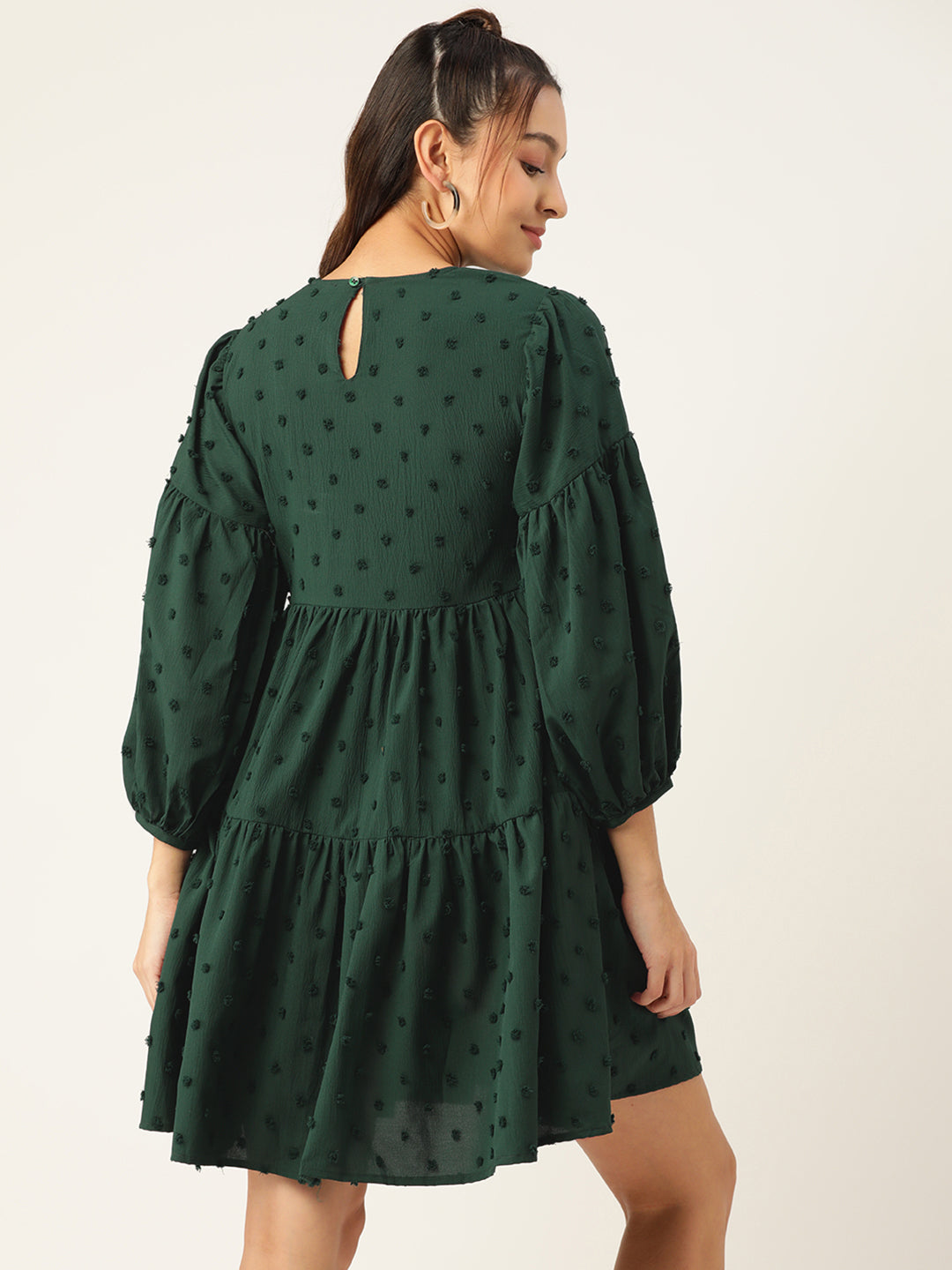 Women Georgette Puff Sleeves Tiered Dress ( JND 1005Green )