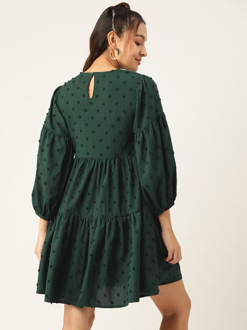 Women Georgette Puff Sleeves Tiered Dress ( JND 1005Green )