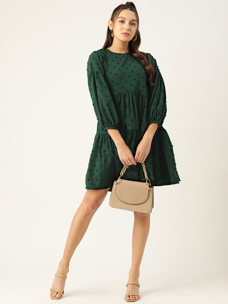 Women Georgette Puff Sleeves Tiered Dress ( JND 1005Green )