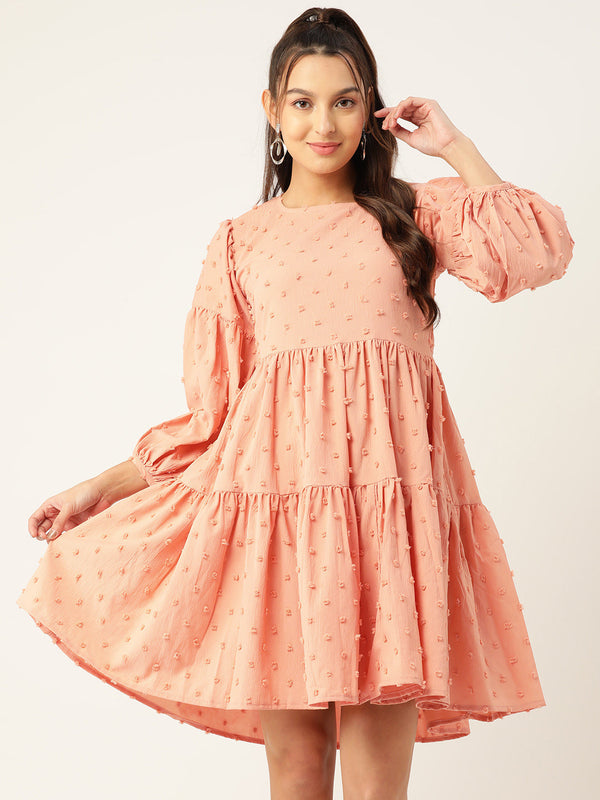 Women Georgette Puff Sleeves Tiered Dress ( JND 1005Peach )