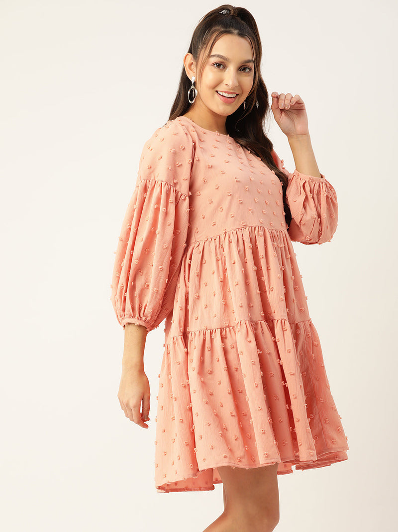 Women Georgette Puff Sleeves Tiered Dress ( JND 1005Peach )