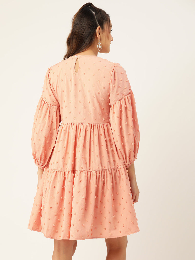 Women Georgette Puff Sleeves Tiered Dress ( JND 1005Peach )