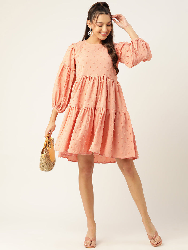 Women Georgette Puff Sleeves Tiered Dress ( JND 1005Peach )