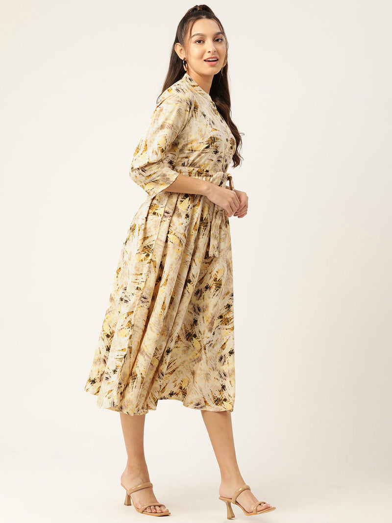 Women Abstract Printed Crepe Shirt Collar Maxi Dress with Belt ( JND 1006Cream )