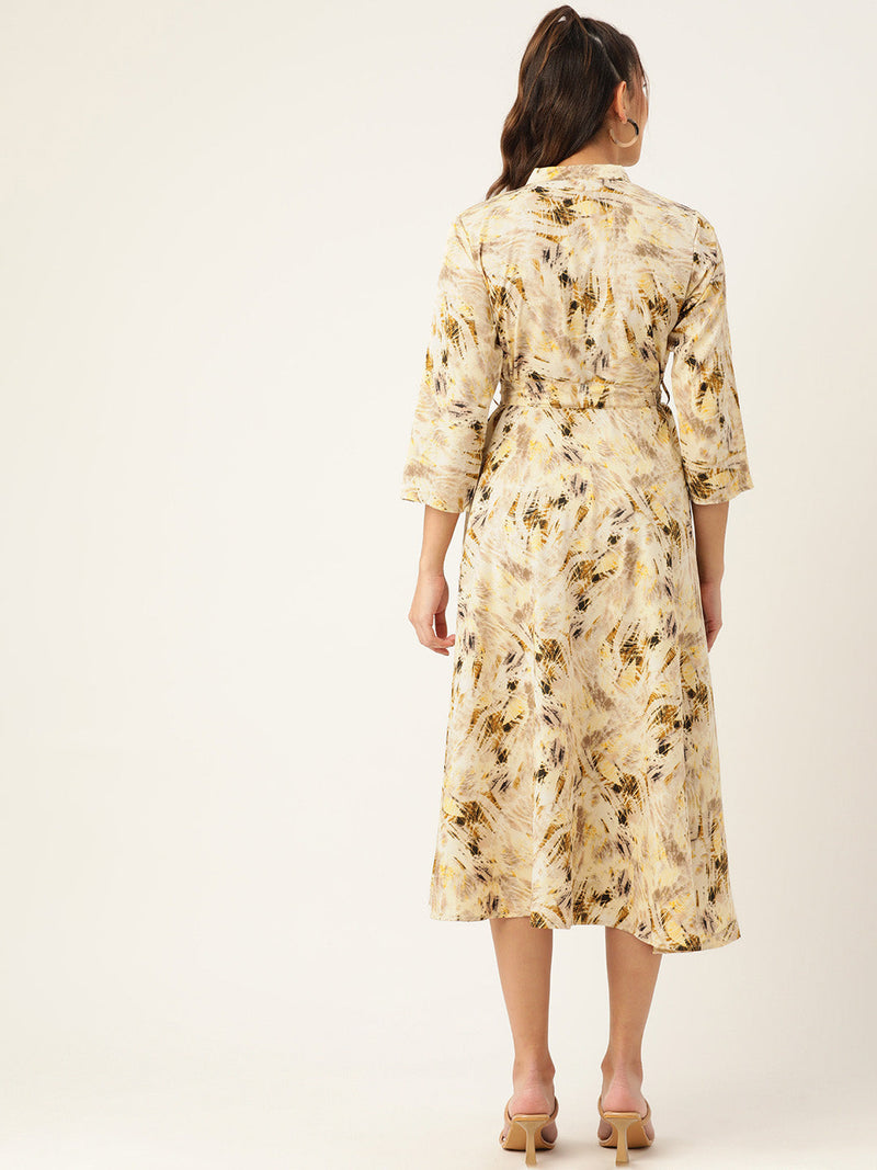 Women Abstract Printed Crepe Shirt Collar Maxi Dress with Belt ( JND 1006Cream )