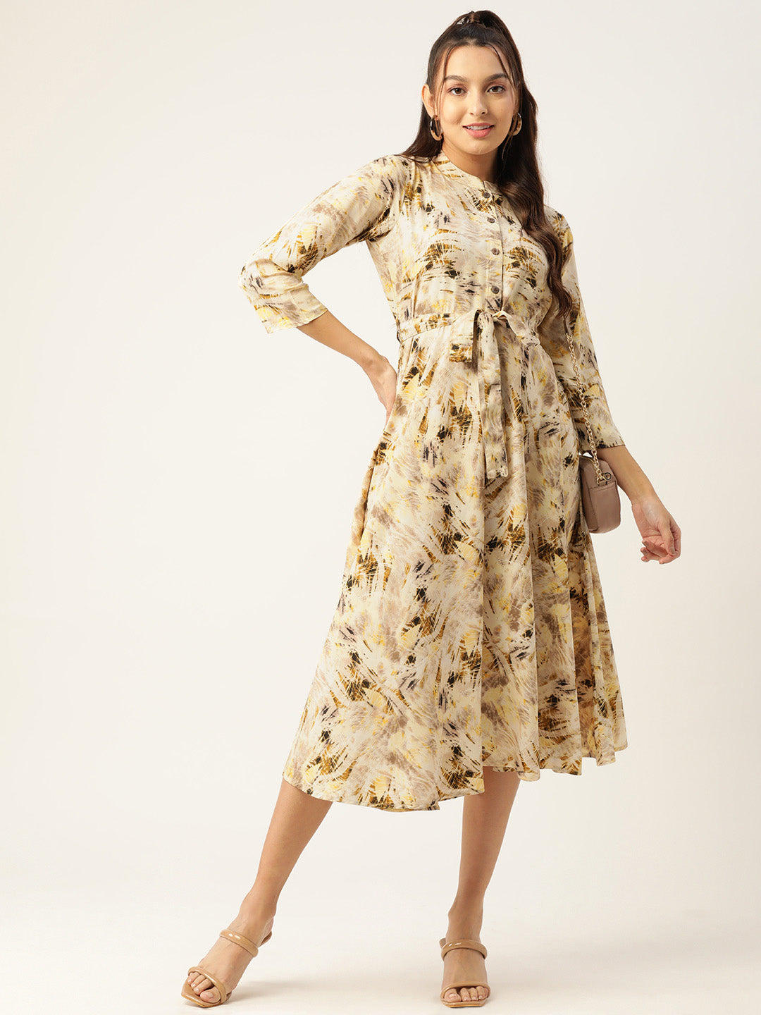 Women Abstract Printed Crepe Shirt Collar Maxi Dress with Belt ( JND 1006Cream )