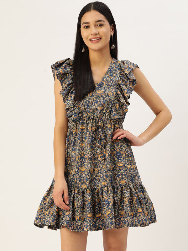 Printed Tiered Dress with  frills