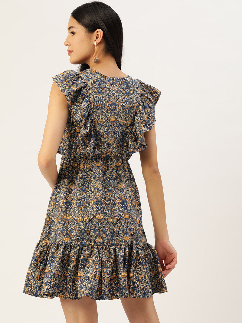 Women Navy Blue & Cream-Coloured Floral Crepe A-Line Dress ( JND 1007Bluexx )