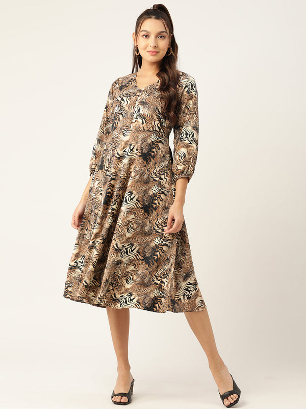 Women Animal Print Puff Sleeves Crepe Midi Dress ( JND 1008Brown )