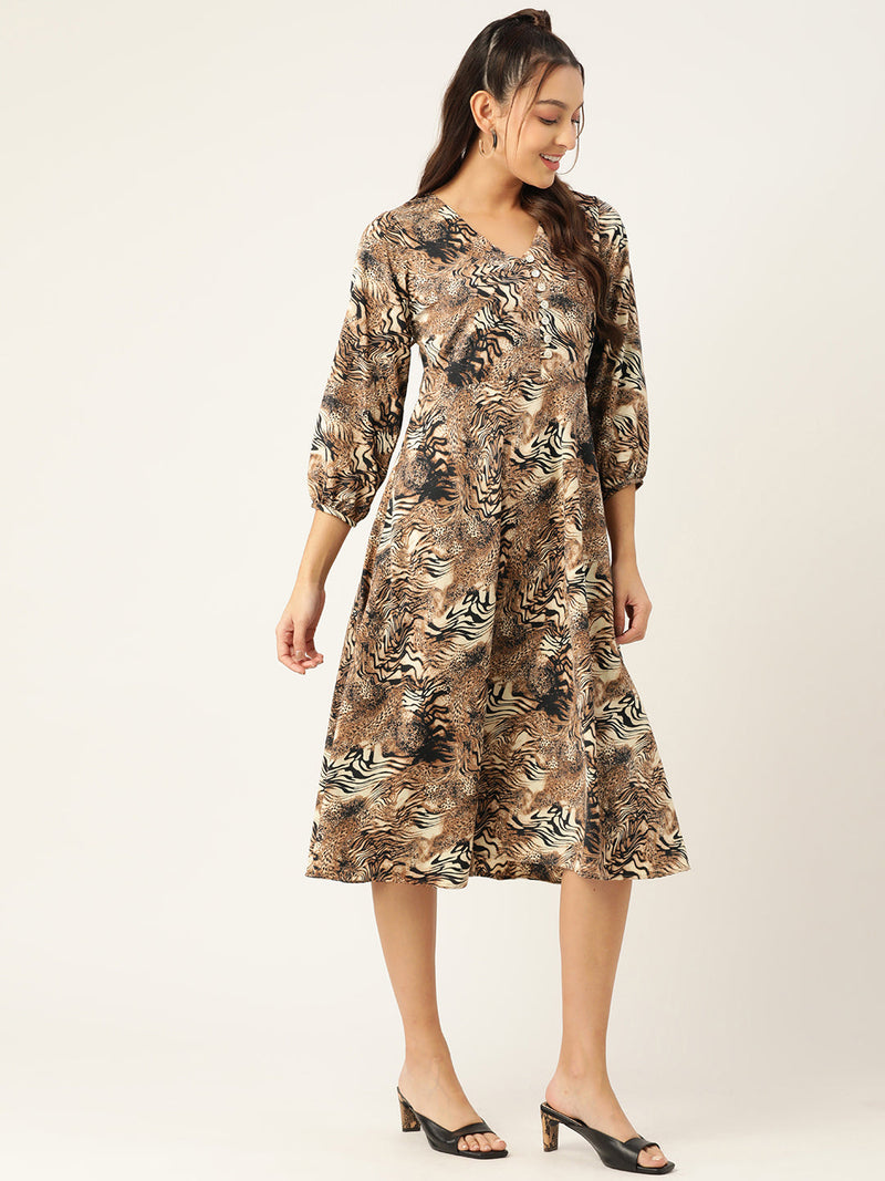 Women Animal Print Puff Sleeves Crepe Midi Dress ( JND 1008Brown )