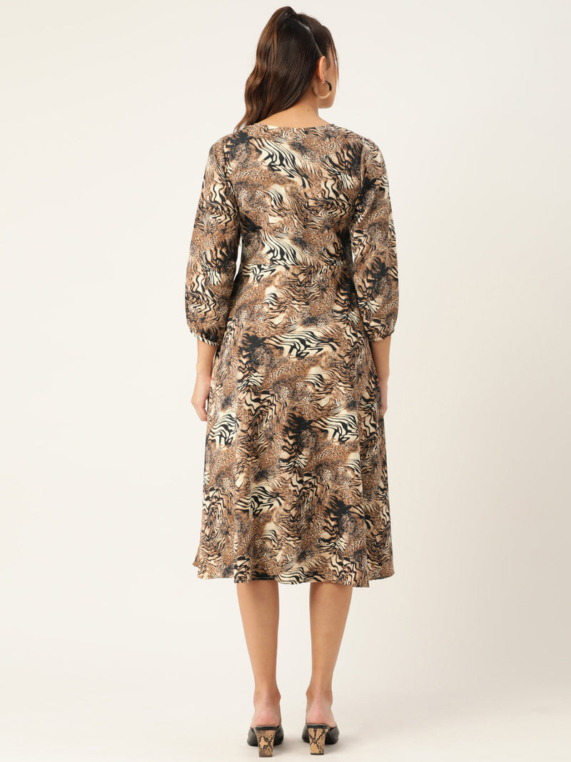 Women Animal Print Puff Sleeves Crepe Midi Dress ( JND 1008Brown )