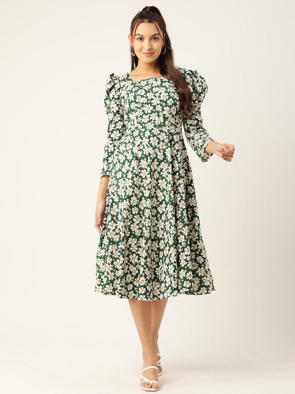 Women Floral Print Puff Sleeves Crepe Midi Dress ( JND 1009Green )