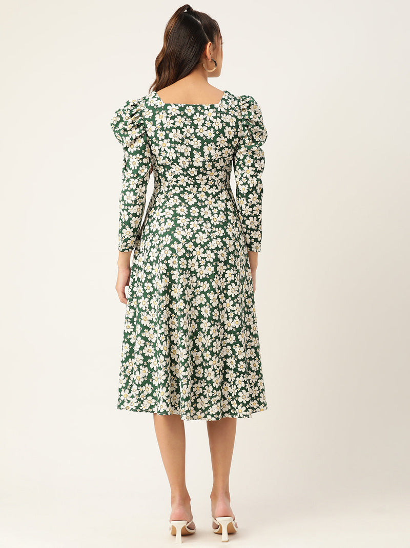 Women Floral Print Puff Sleeves Crepe Midi Dress ( JND 1009Green )