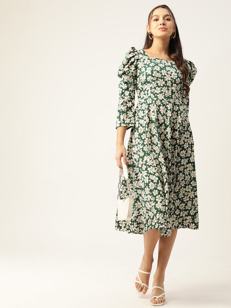 Women Floral Print Puff Sleeves Crepe Midi Dress ( JND 1009Green )