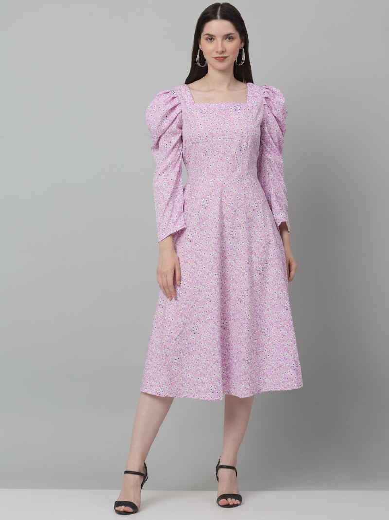 Women's Floral Print Square Neck Puff Sleeved Flaired Dress