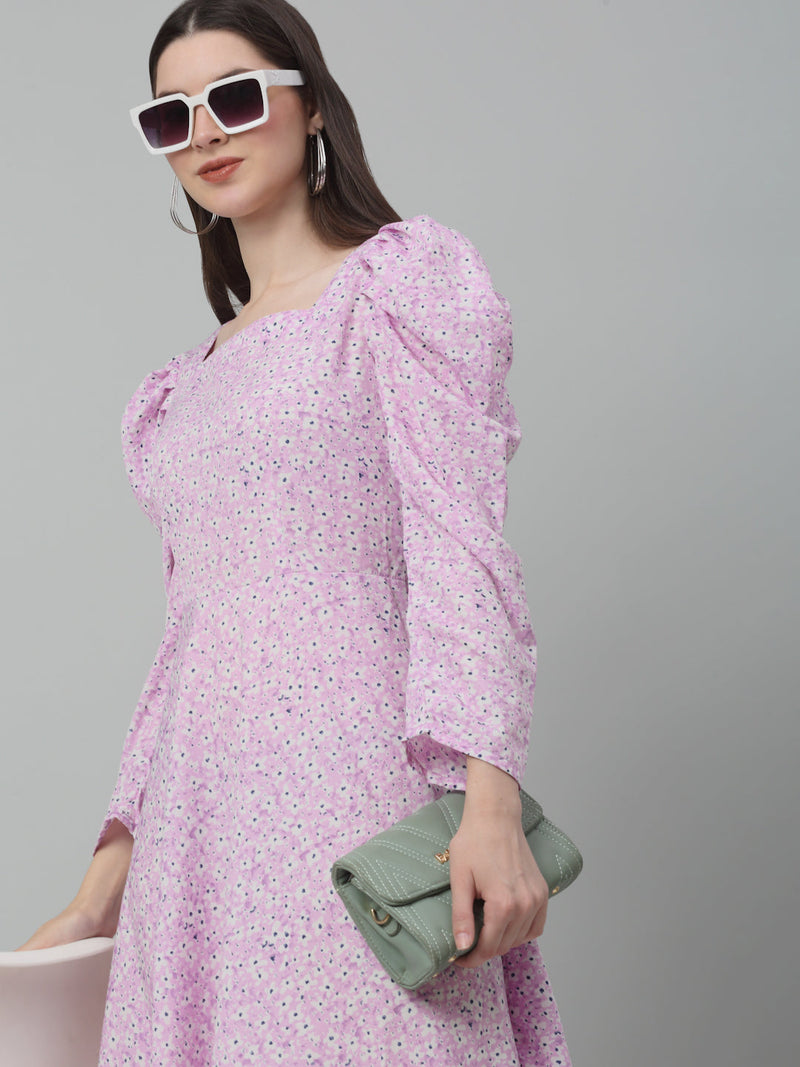 Women's Floral Print Square Neck Puff Sleeved Flaired Dress