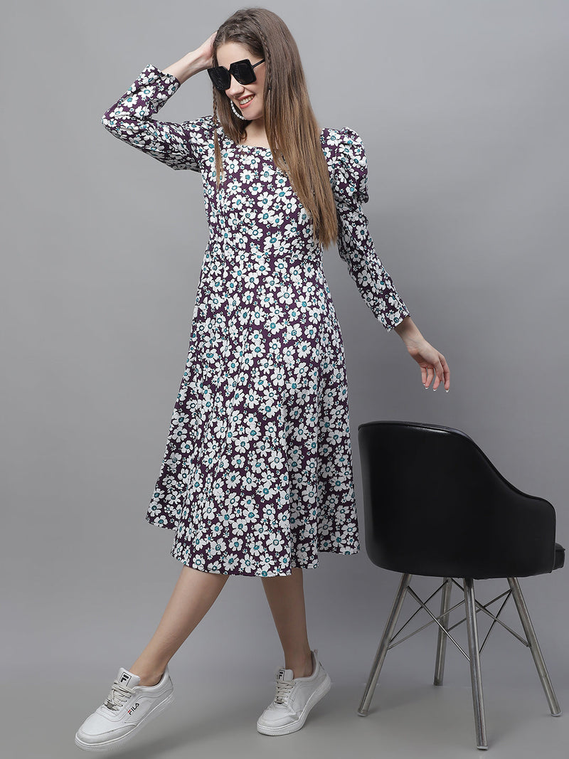 Women's Floral Print Square Neck Puff Sleeved Flaired Dress