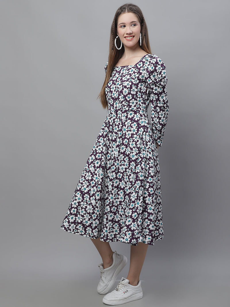 Women's Floral Print Square Neck Puff Sleeved Flaired Dress