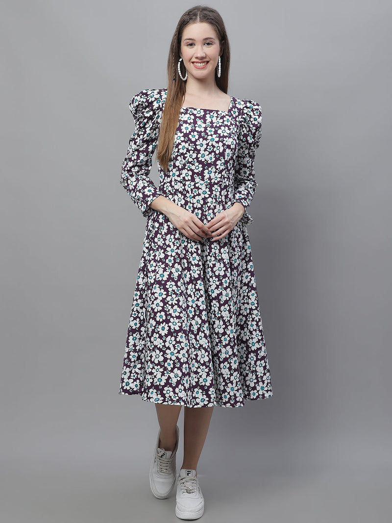 Women's Floral Print Square Neck Puff Sleeved Flaired Dress