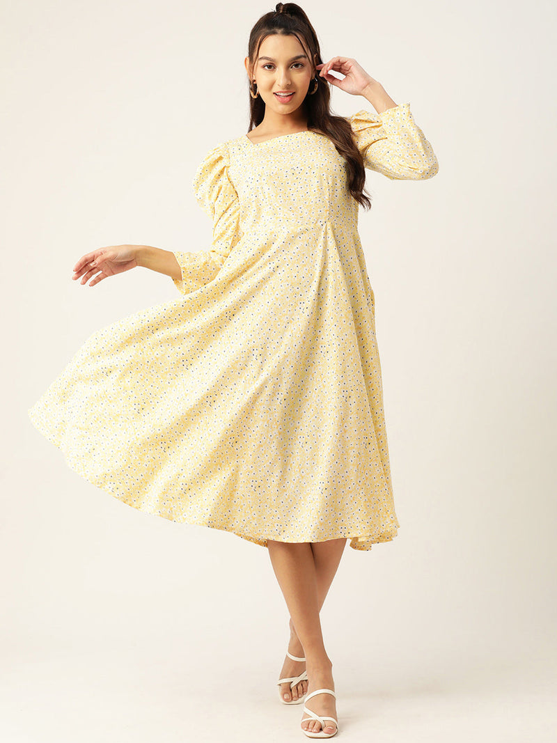 Women Floral Print Puff Sleeves Crepe Midi Dress ( JND 1009Yellow )