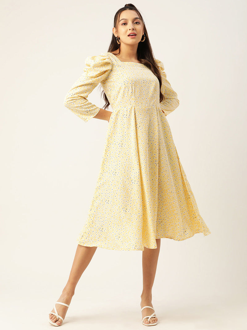 Women Floral Print Puff Sleeves Crepe Midi Dress ( JND 1009Yellow )