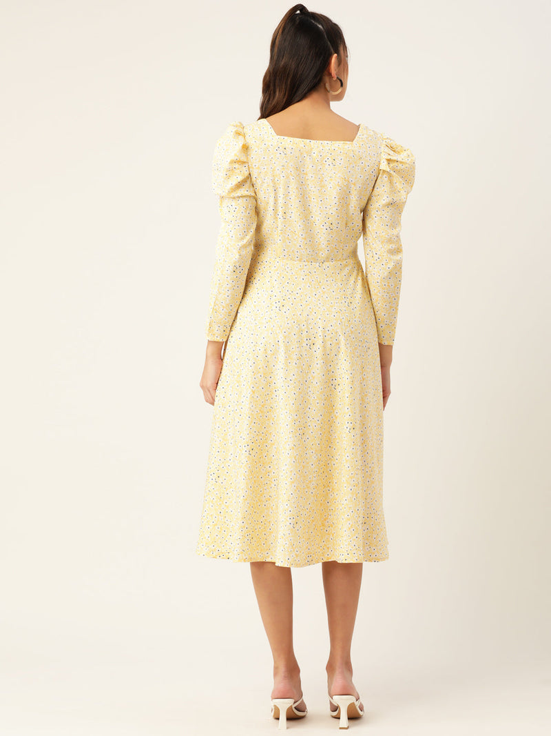 Women Floral Print Puff Sleeves Crepe Midi Dress ( JND 1009Yellow )