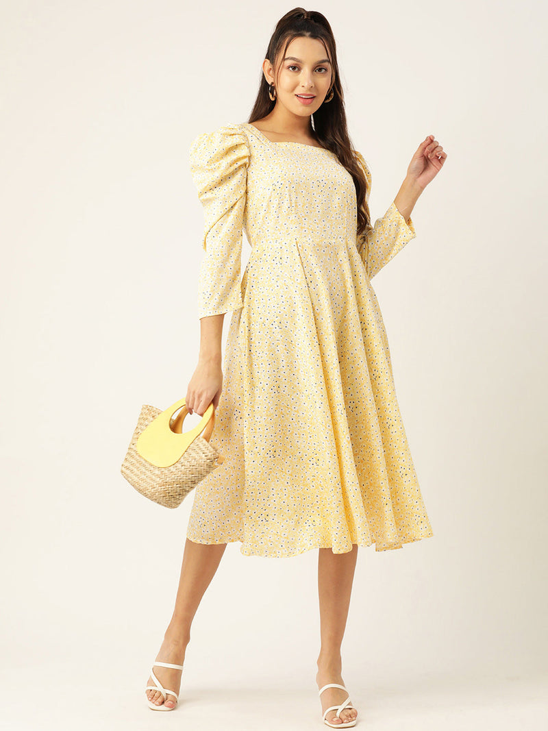 Women Floral Print Puff Sleeves Crepe Midi Dress ( JND 1009Yellow )