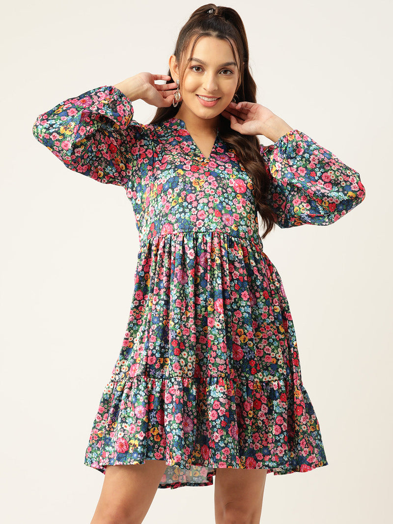 Women Blue & Pink Floral Printed Puff Sleeves Tiered Satin Dress ( JND 1010Blue )