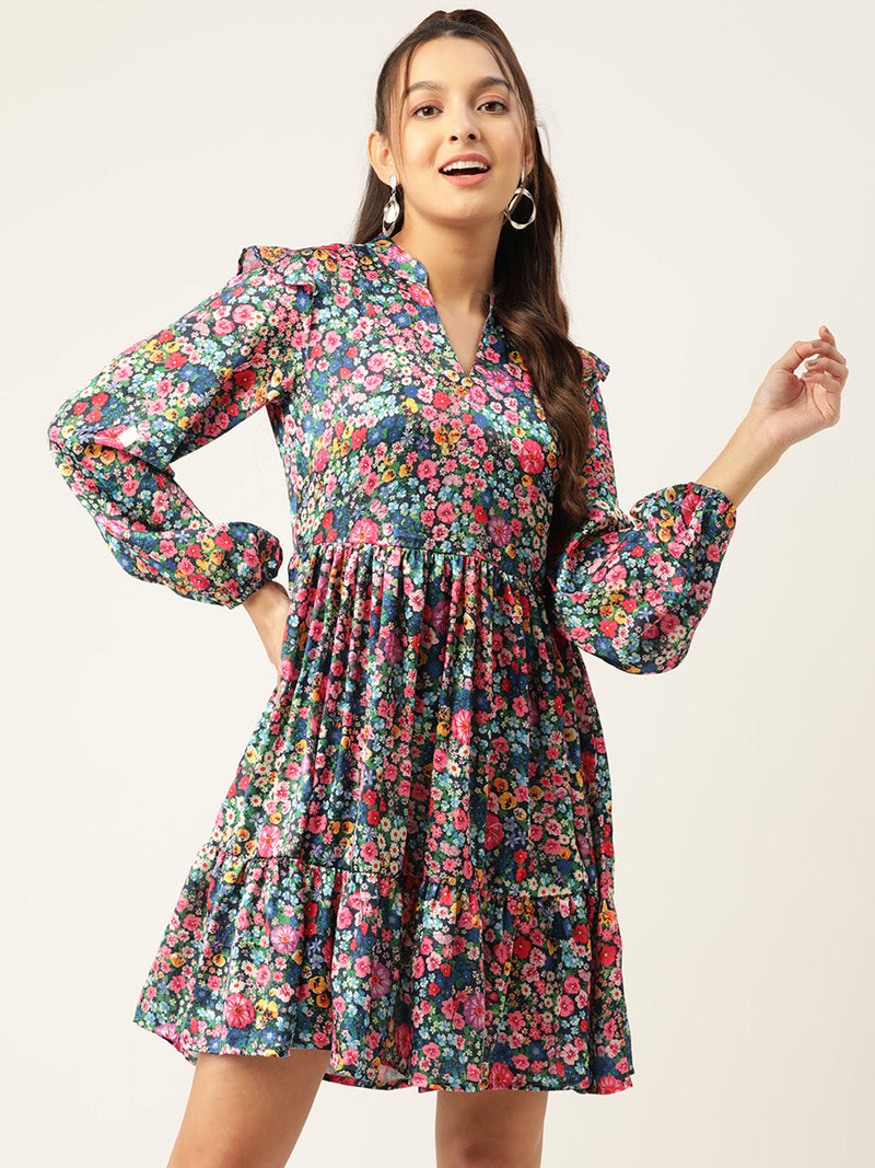 Women Blue & Pink Floral Printed Puff Sleeves Tiered Satin Dress ( JND 1010Blue )