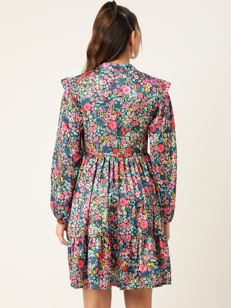 Women Blue & Pink Floral Printed Puff Sleeves Tiered Satin Dress ( JND 1010Blue )