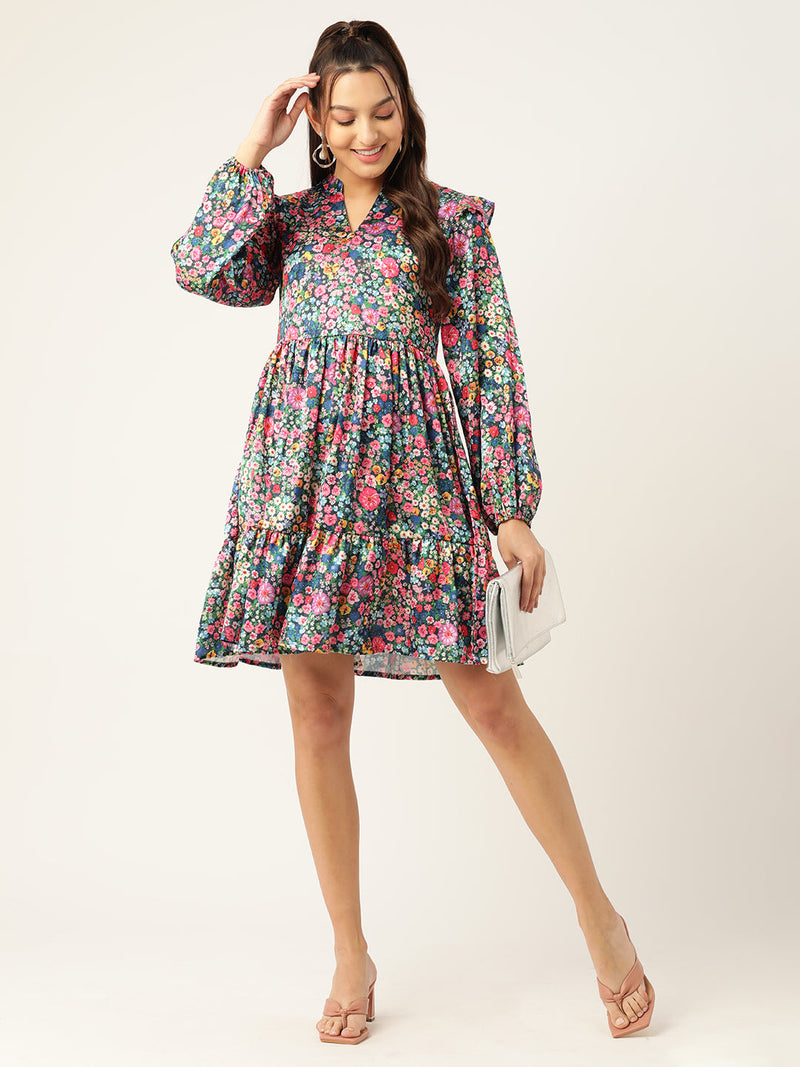 Women Blue & Pink Floral Printed Puff Sleeves Tiered Satin Dress ( JND 1010Blue )