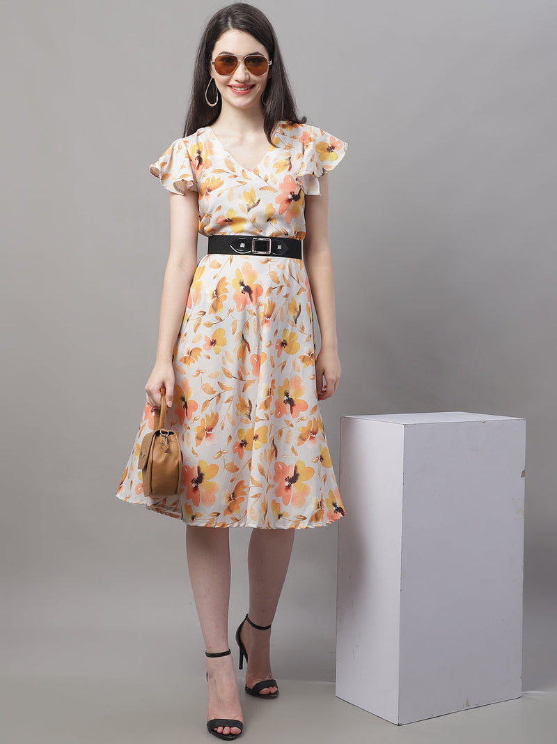 Women Orange Printed A-Line Dresses With Belt