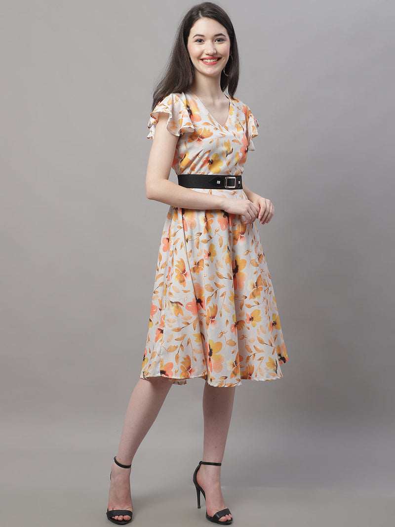 Women Orange Printed A-Line Dresses With Belt