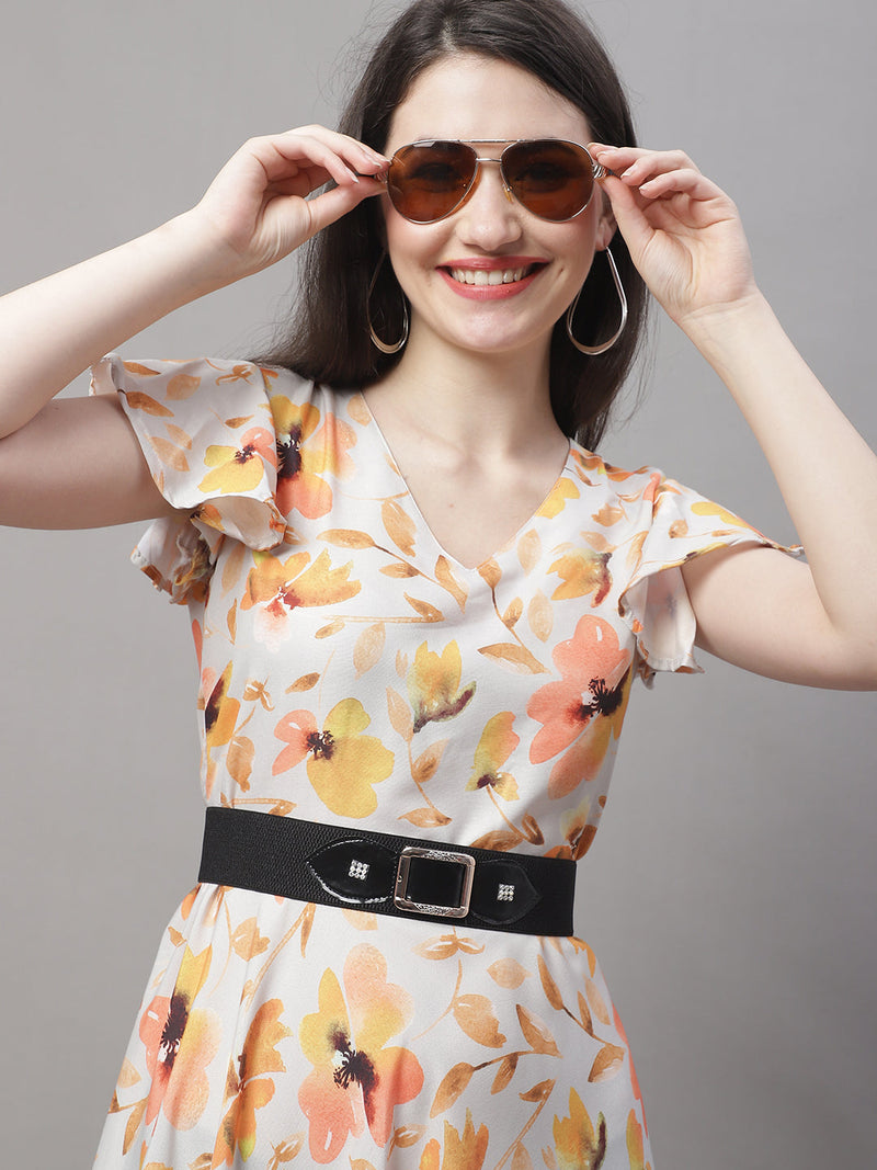 Women Orange Printed A-Line Dresses With Belt