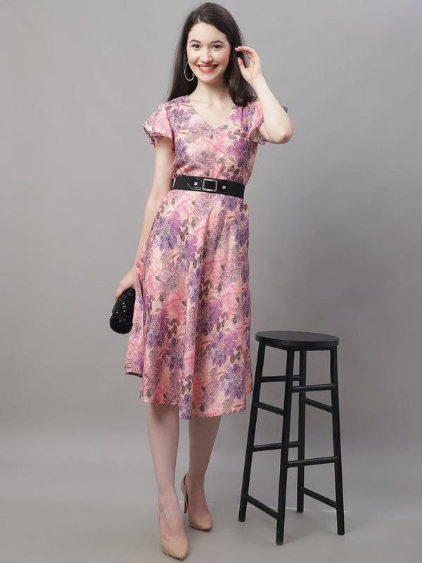 Women Pink Printed A-Line Dresses With Belt