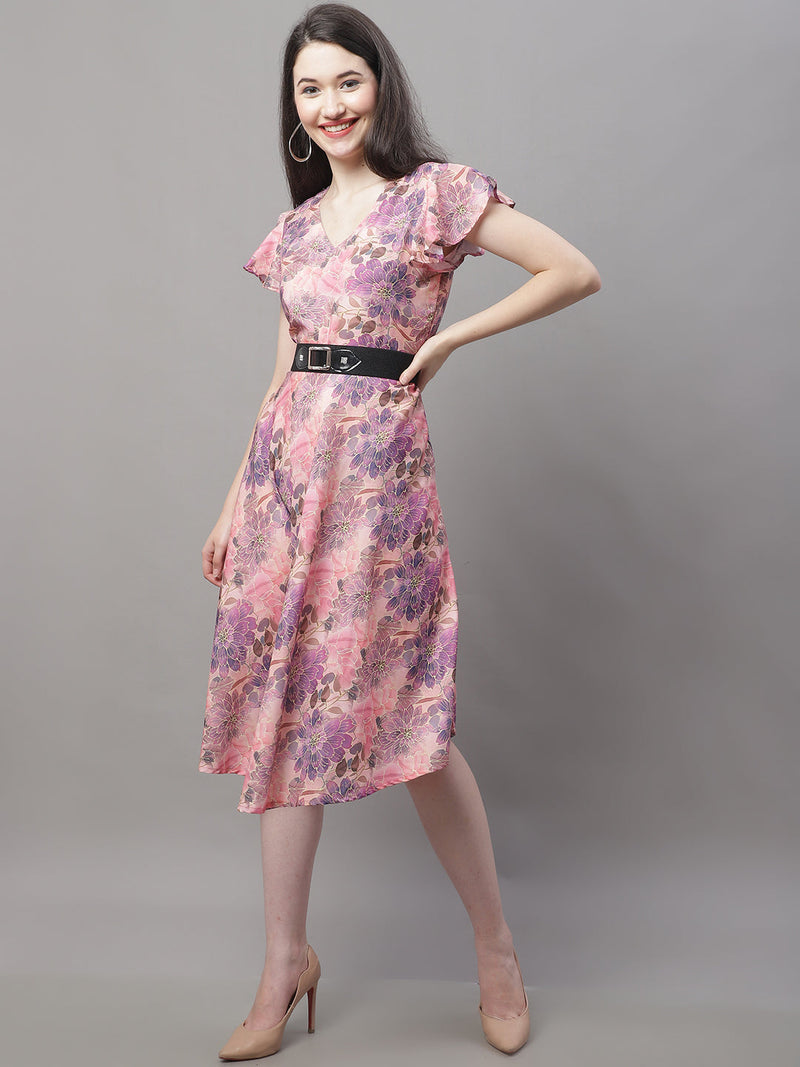 Women Pink Printed A-Line Dresses With Belt