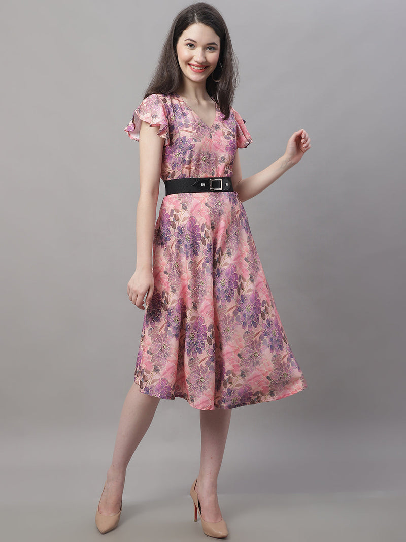 Women Pink Printed A-Line Dresses With Belt