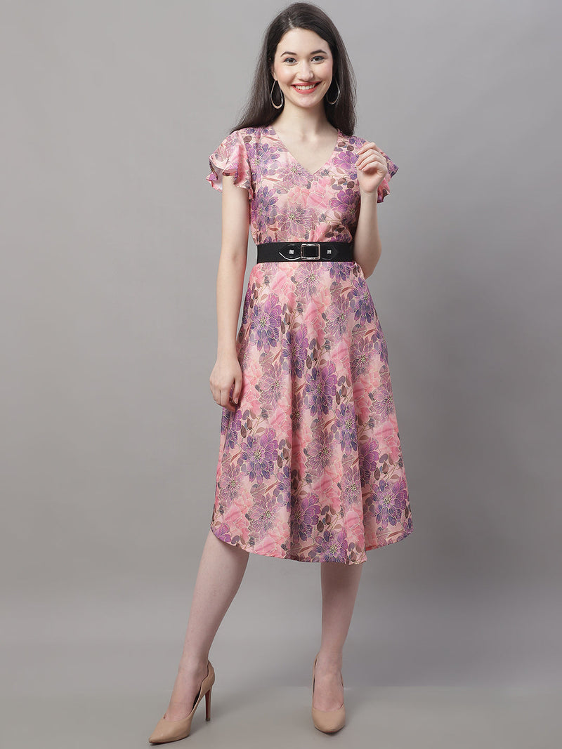 Women Pink Printed A-Line Dresses With Belt